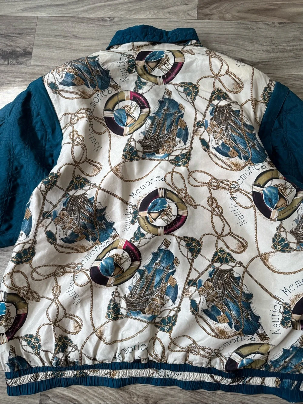 Vintage 100% Silk Novelty Print Nautical Bomber Jacket Convertible Vest Coastal